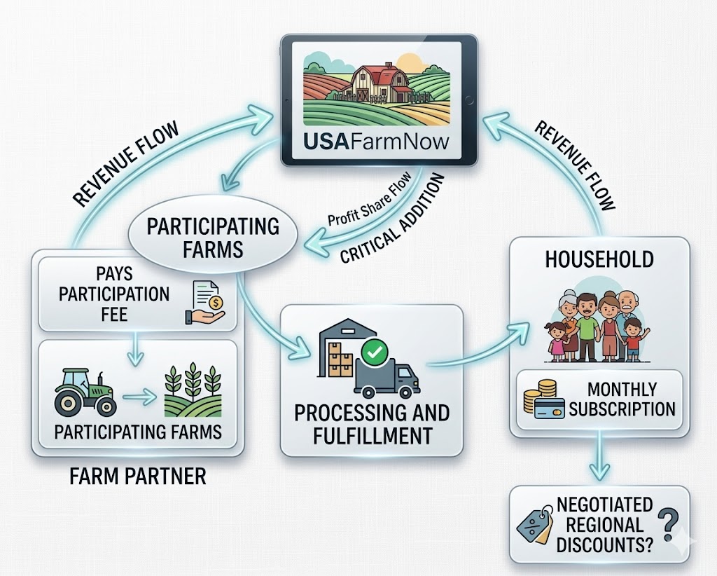 USA Farm Now ecosystem diagram showing participating farms, households, fulfillment, and revenue flow